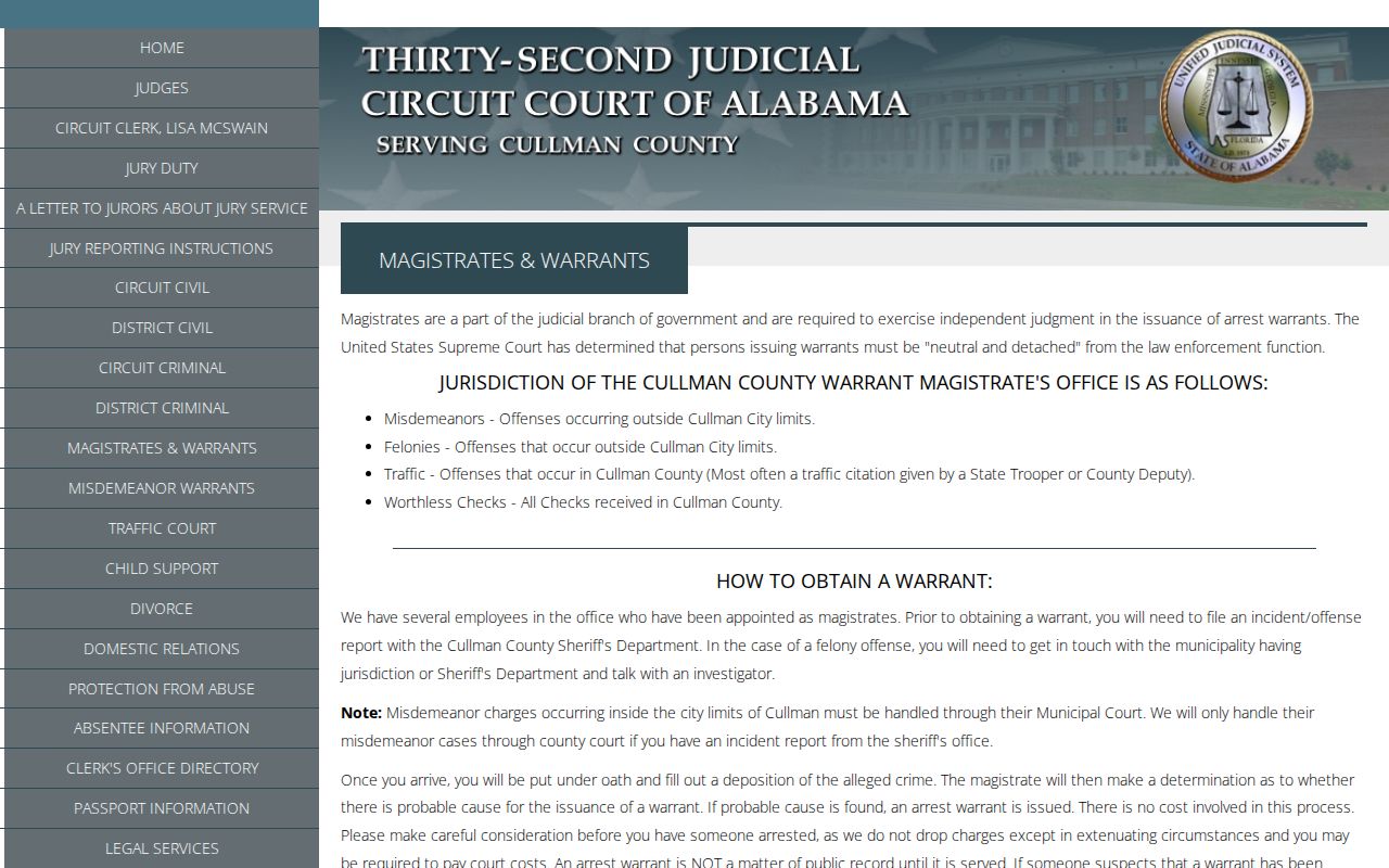 Cullman County warrant search magistrates and warrants page